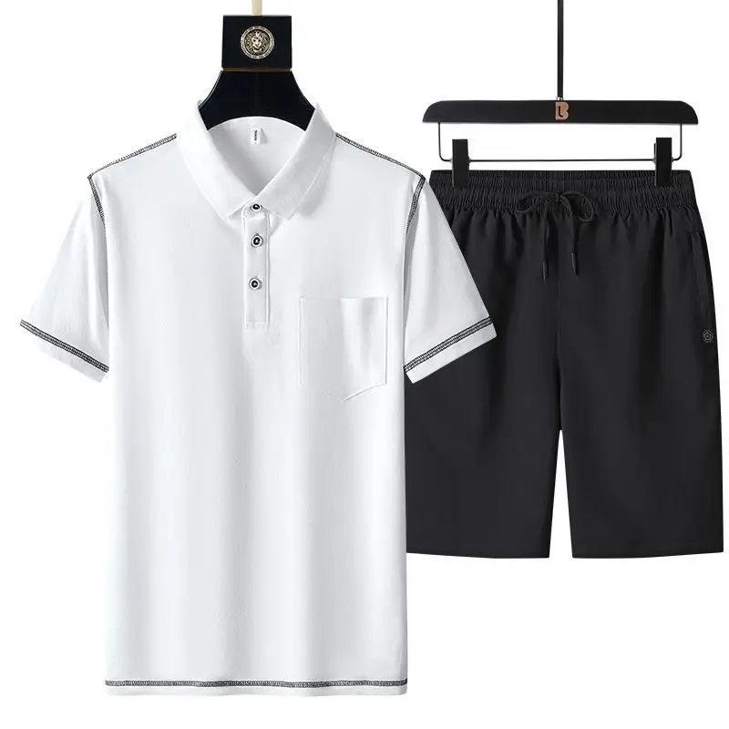 

2023 Summer New Men's Suit Casual Business Short Sleeve Polo Two Piece Fasion Medium Youth Large Shorts T-shirt Set