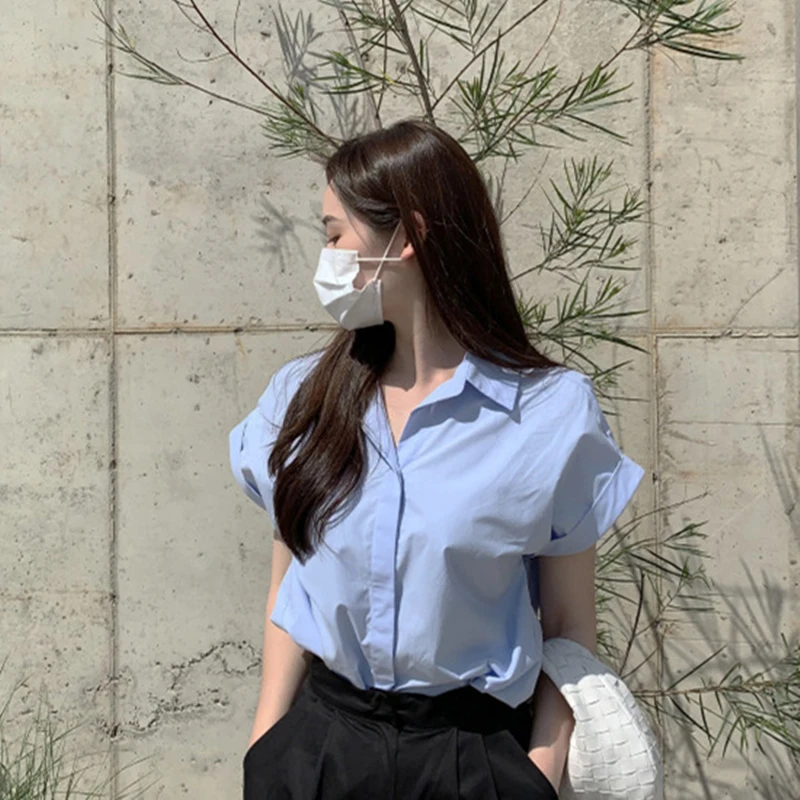 South korea Chic Summer New Simple Niche Lapel Single-Breasted Loose Casual Solid Short sleeve Shirts Top Women