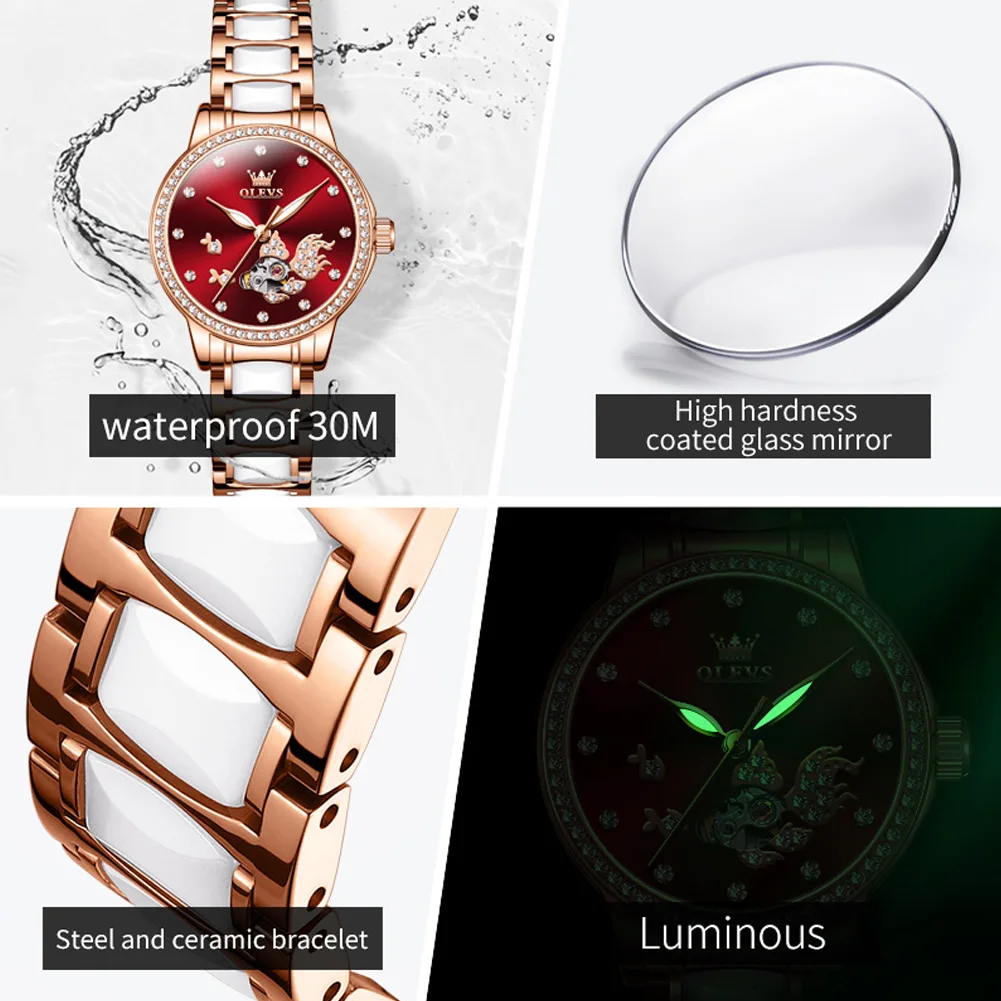 OLEVS Brand Luxury Automatic Mechanical Watch Women Fashion Ladies Watch Elegant Ceramics Wristwatch Casual Female Montre Femme