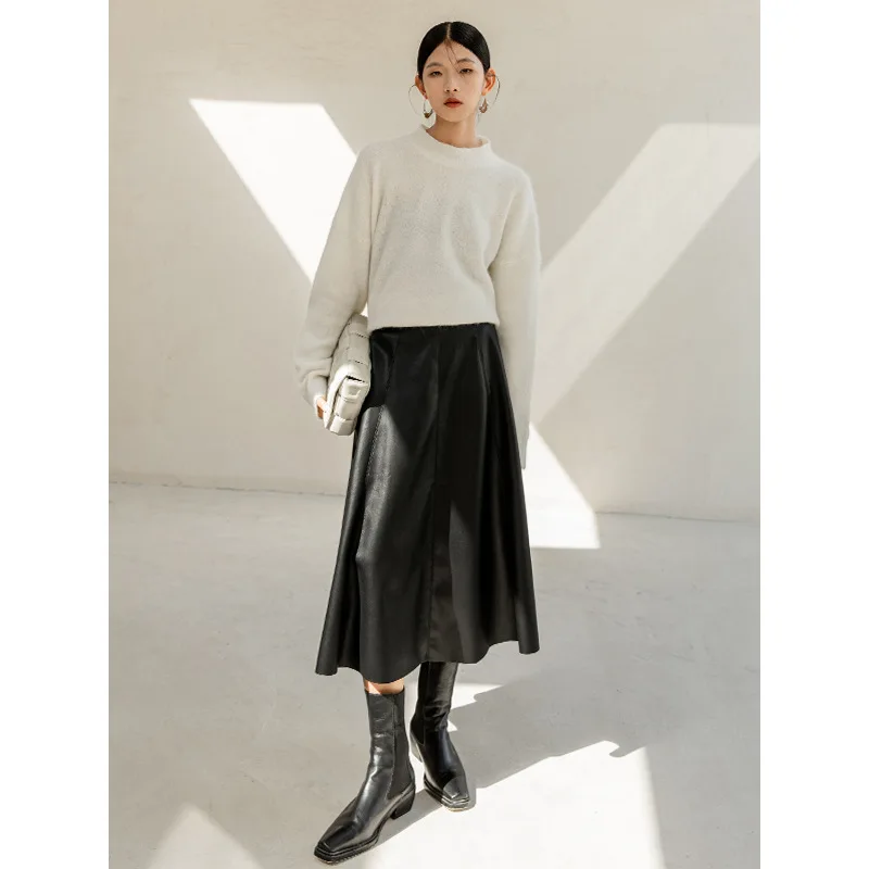 

Autumn and winter new pleated skirt leather skirt temperament is slim skirt A-line skirt PU leather dress