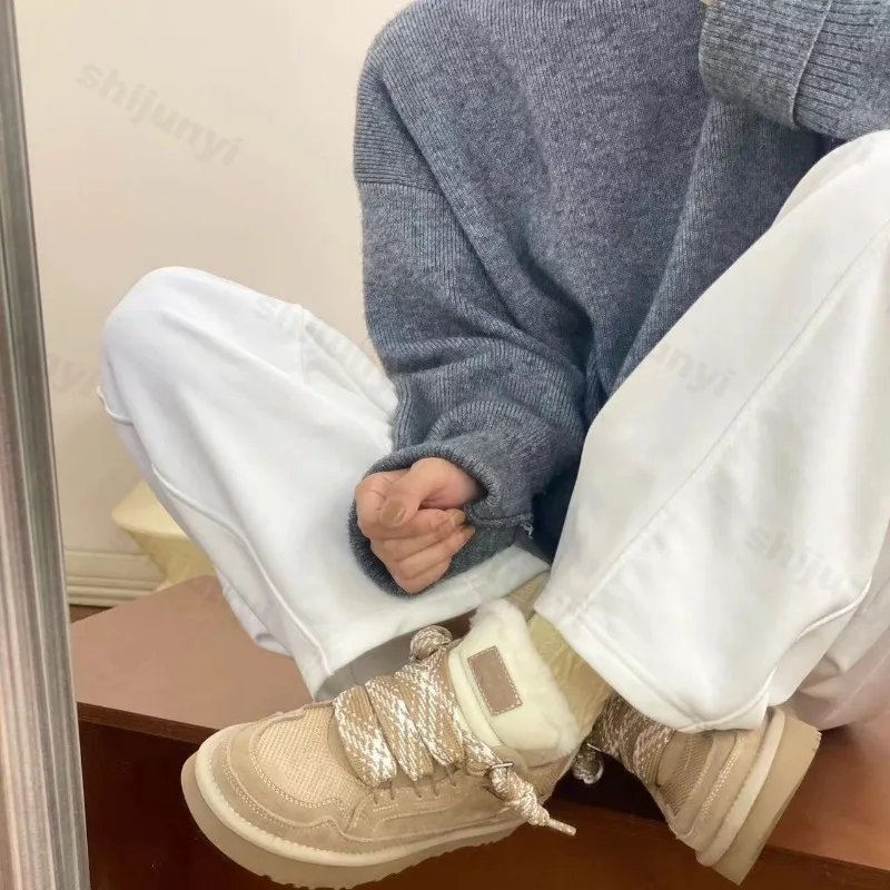 여성용 스노우 부츠 겨울 신상 레트로 라운드 토 로우탑 레이스업 따뜻한 플러시 플랫 슈즈 패션 다용도 논슬립 캐주얼 스포츠 슈즈
