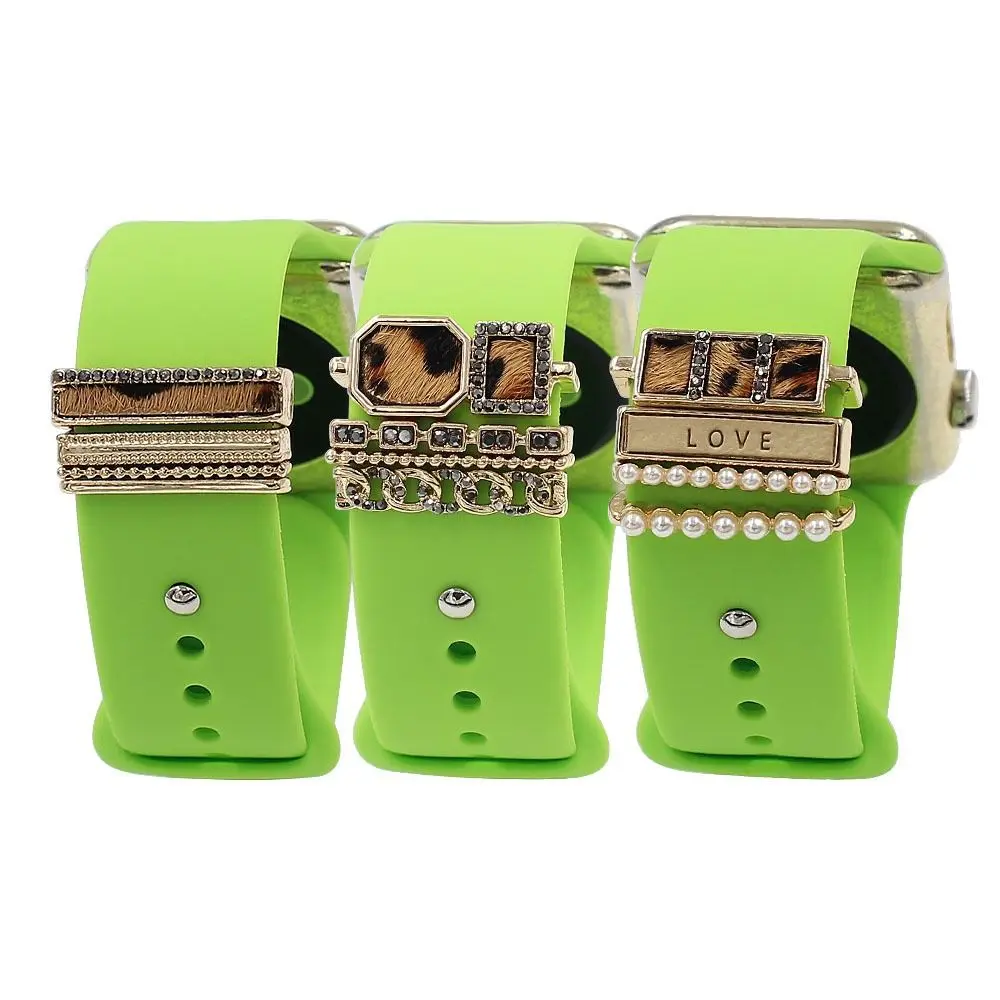 

4Pcs/Set Leopard Metal Strap Trim Ring Watch Band Watch Ring Diamond Ornament For Iwatch Bracelet Nail Smart Watch Accessories