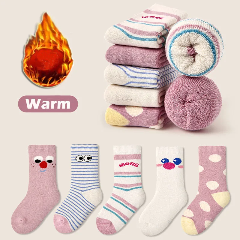 

5 Pairs/lot Winter Socks Girls Cartoon Bunny Warm Cotton Socks Toddler Calf Length Thicken Plush Socks Kids