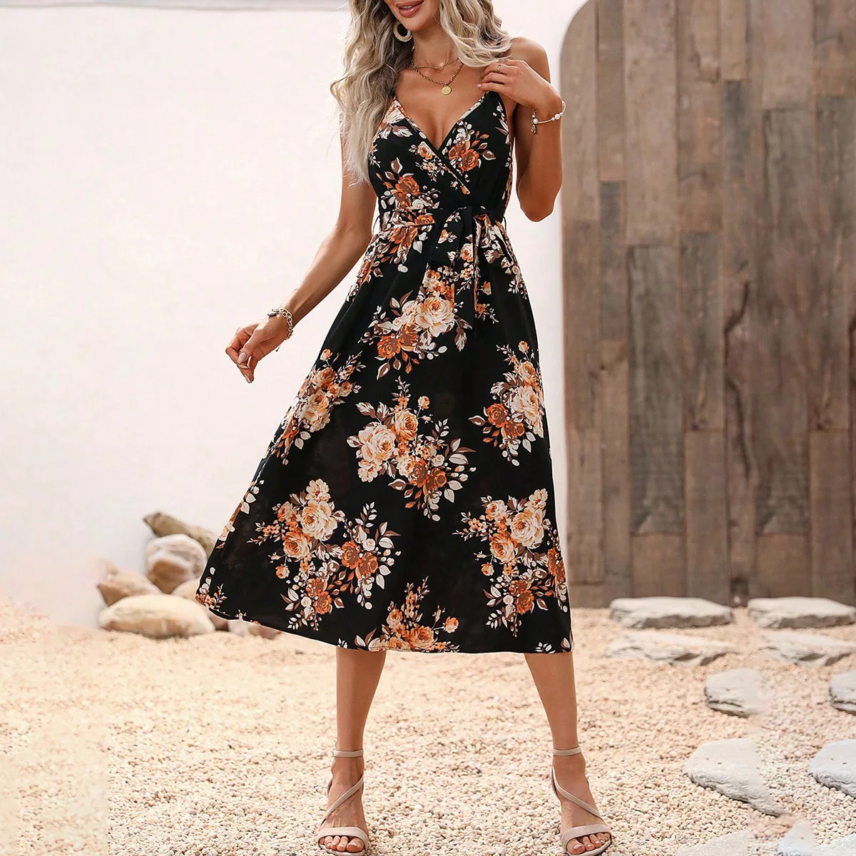 

2024 Women's Summer Fashion Sexy V-neck Printed Waist Sling Dress Vestidos De Mujer