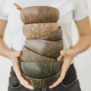천연 코코넛 그릇 나무 식기 스푼 세트, 12-15cm, 여름 코코 주방 아이템, 쌀 라면 샐러드 홈 장식 디너웨어