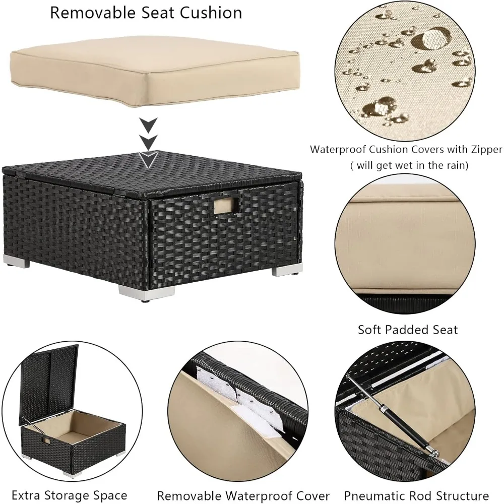 Outdoor Patio Furniture Sunbed with Retractable Canopy, PE Wicker Rattan Rectangle Sectional Sofa Set Clamshell Sectional 4