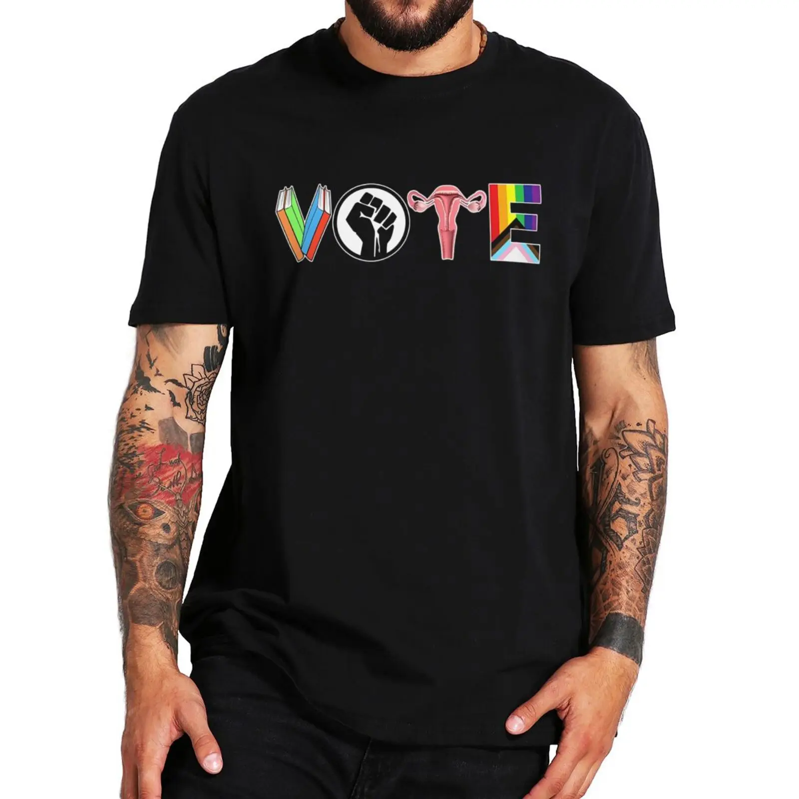 

Mens casual tees top Retro Vote T Shirt Humor Books Fist Ovaries LGBTQ Pride Short Sleeve O-neck Cotton Unisex T-shirts