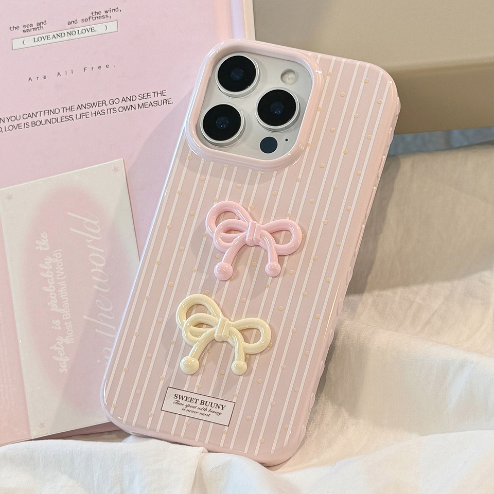 Korean Cute 3D Bowknot Pink Striped Wave Point Soft Phone Case For iPhone 16 15 14 13 12 Pro Max Shockproof Protective Cover