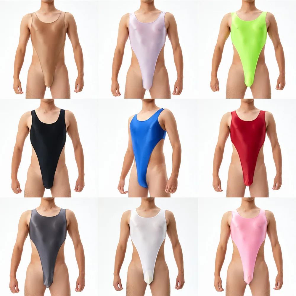 Glossy Men\'s Sexy Bodysuit Leotard Shiny Sleeveless Slim Romper Undershirts Jumpsuits Gay Porno Underwear