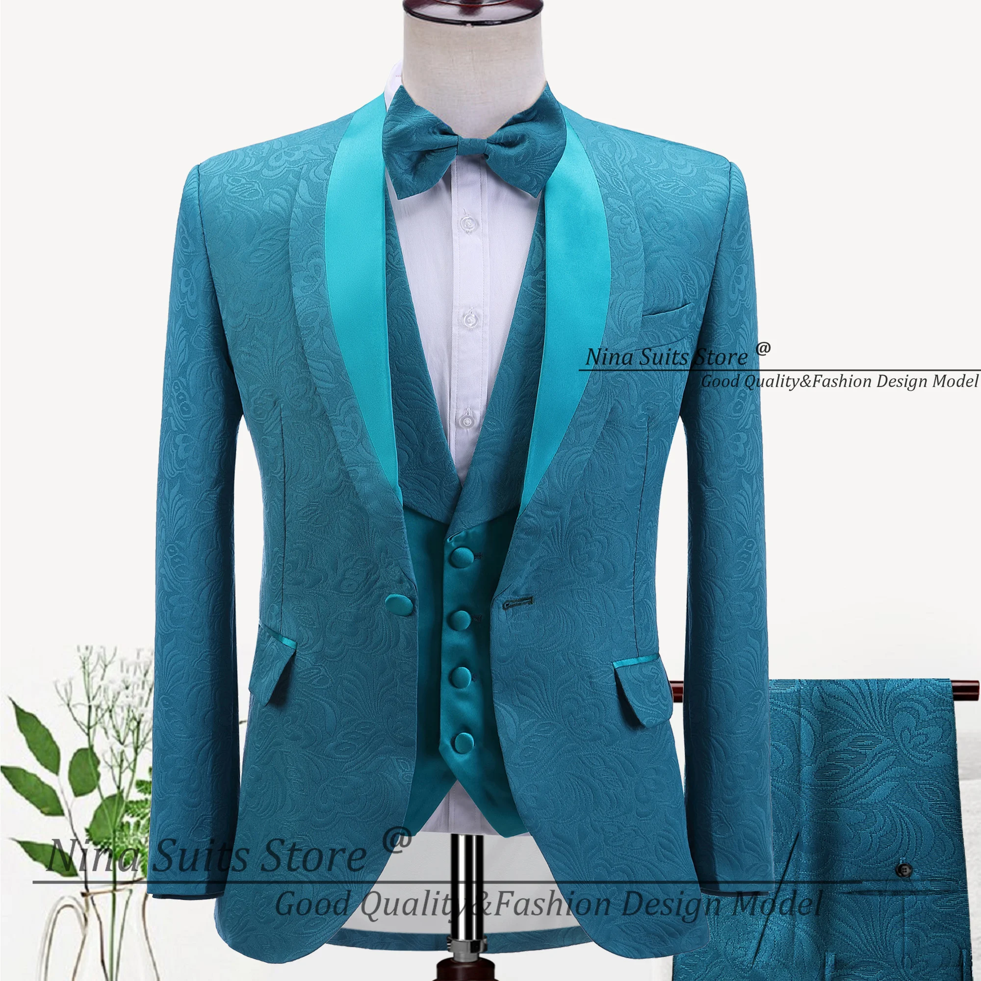 Gwenhwyfar Mens Wedding Suits Made Champagne Paisley Pattern Tuxedo Jacket 3 Piece Groom Suits Shiny Splicing Lapel