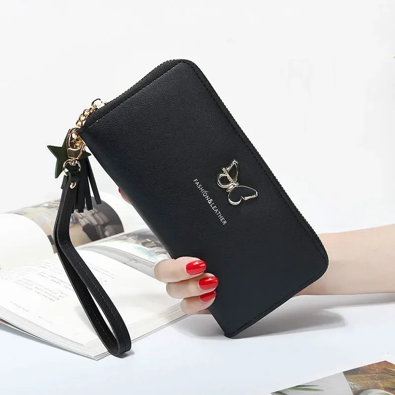 Luxury Fashion Wallets for Women New Butterfly Long Wallet PU Solid Color Zipper Clutch Bag Lady Convenient Coin Purse