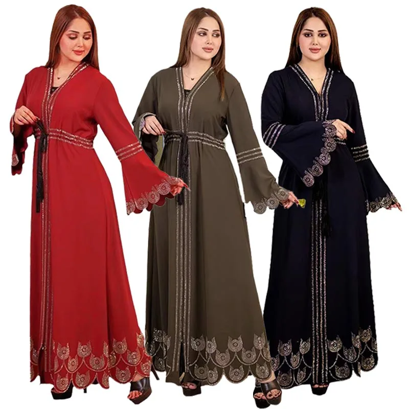 

Muslim Abaya Dubai Turkey New Dress for Women Sequin Diamond Moroccan Fashion Full Sleeve V-Neck Jalabiya Robe African Clothing