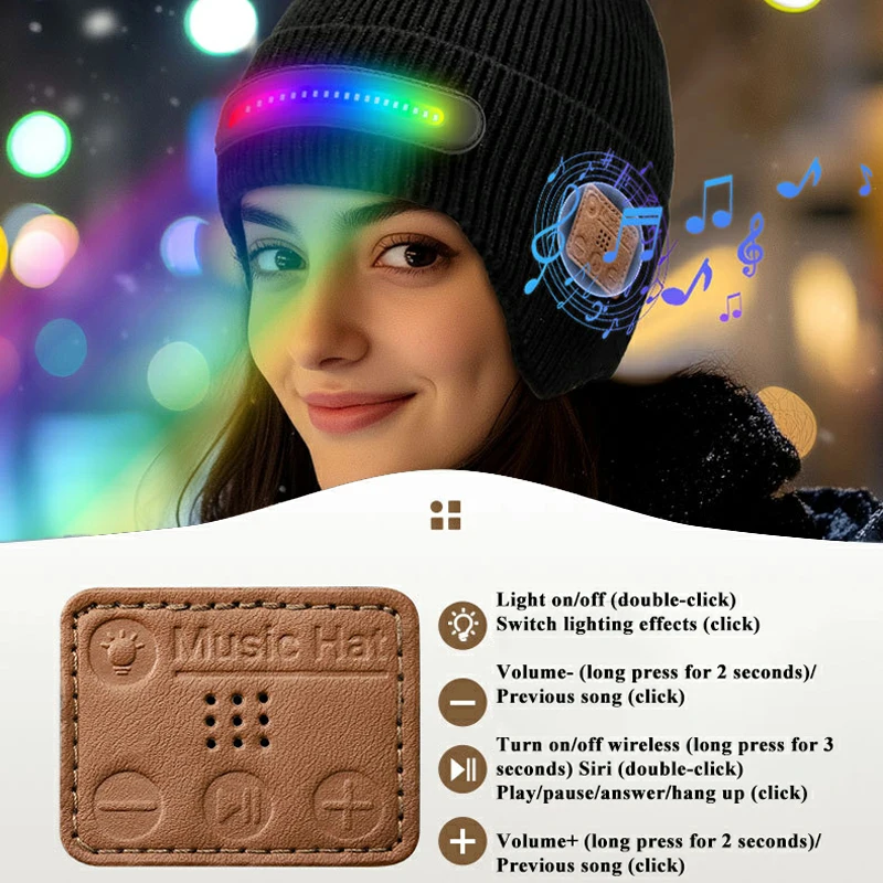 Wirelss Bluetooth Hat RGB Light Headphones Outdoor Sports Music Headset Warm Beanie Smart Cap with Microphone for Running Yoga