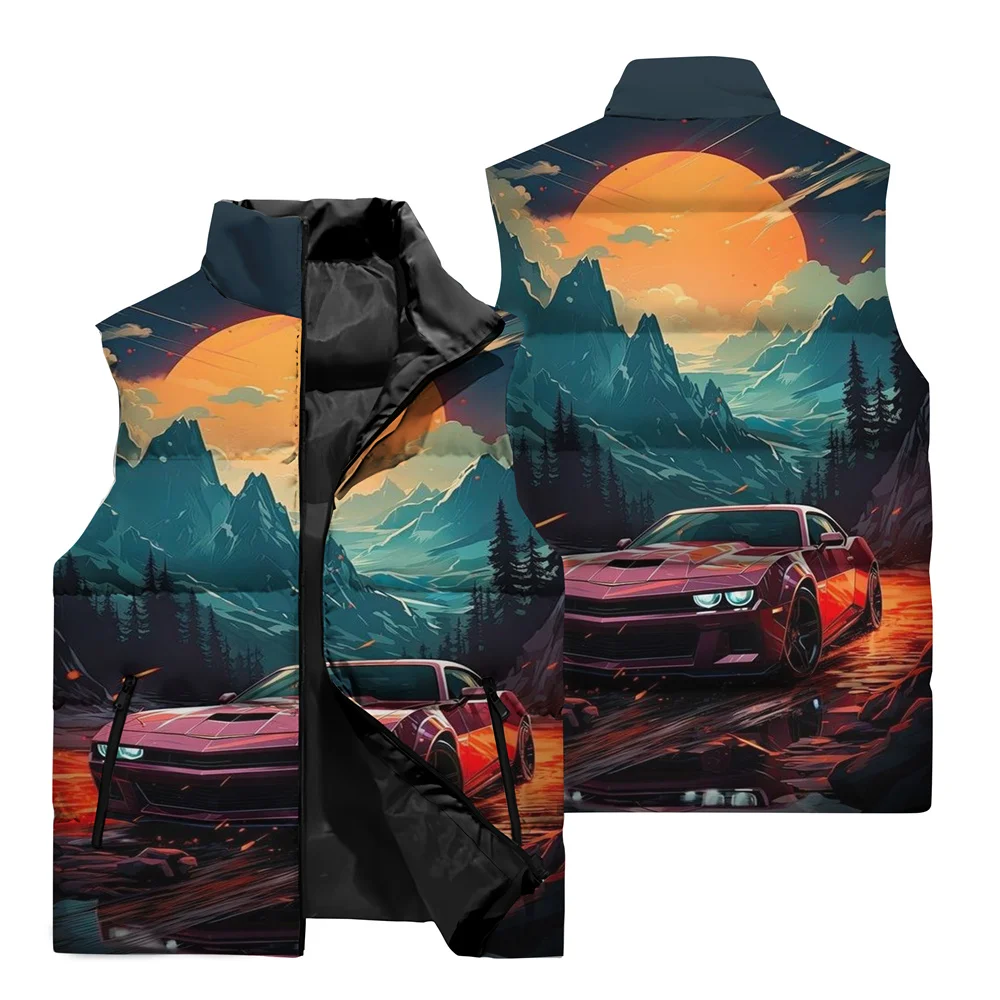 Chaleco cálido resistente al viento con cuello alto y cremallera con estampado de coche deportivo clásico en 3D para hombre, para viajes al aire libre en la calle, pelea de bolas de nieve