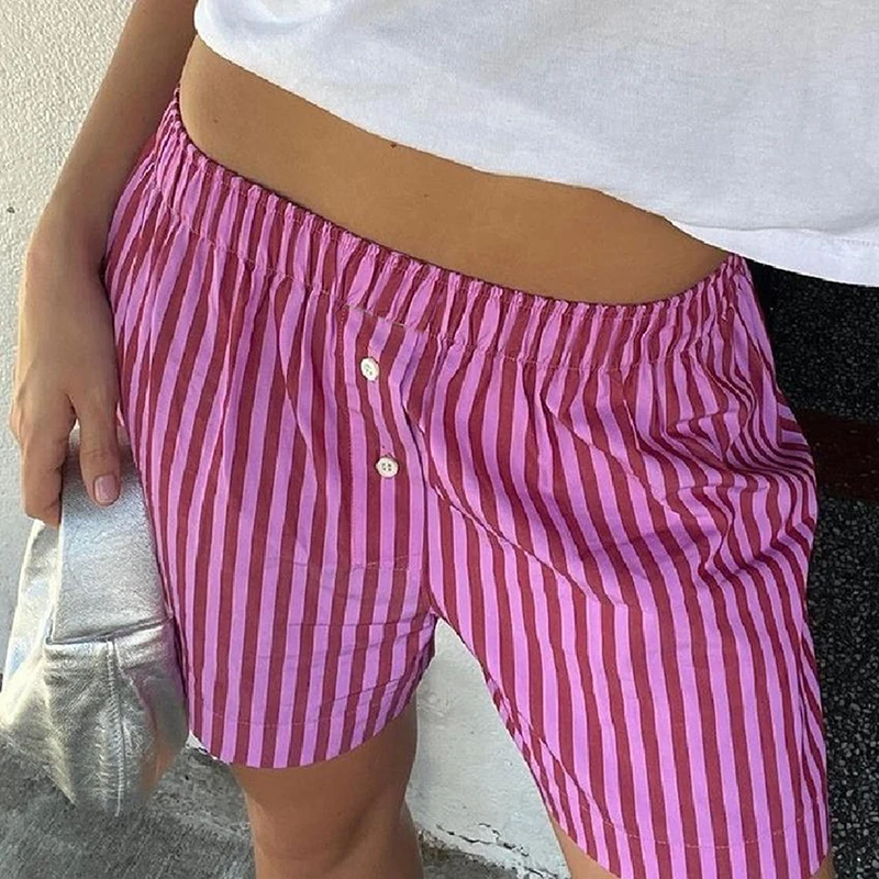 

Chic Women Loose Fit Shorts 90s Vintage Striped High Waist Lounge Trousers Y2K Streetwear Summer Pajamas Bottoms Boyshorts