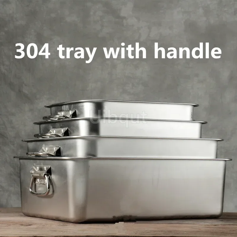 304 stainless steel plate metal  tray with handle square plate baking dish deep barbecue bbq Storage food trays serving basin 2