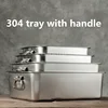 304 stainless steel plate metal  tray with handle square plate baking dish deep barbecue bbq Storage food trays serving basin 2