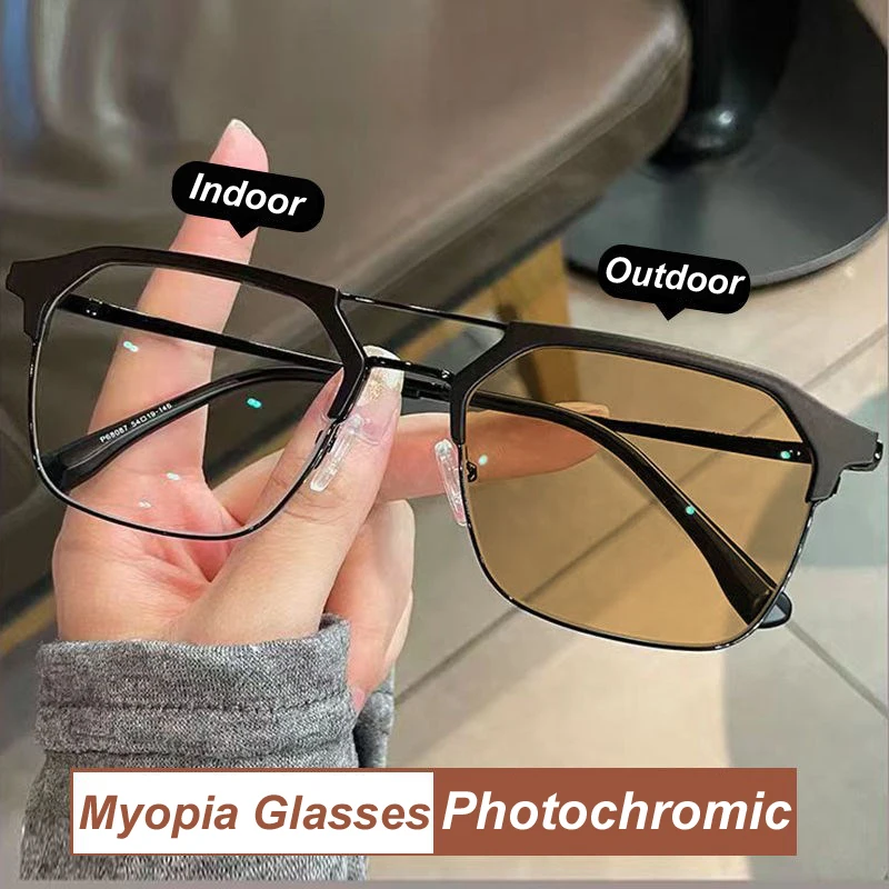 

New Anti Blue Light Double Beam Square Myopia Glasses Oversized Men Women Photochromic Near Sight Matte Frame Eyewear Diopter