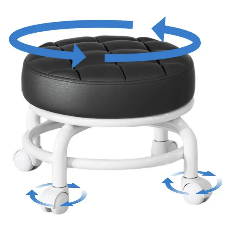 360 Degree Rotating Rolling Stool PU Leather Multi-functional Heavy Duty Low Seat Waterproof Round Stool With Universal Wheel