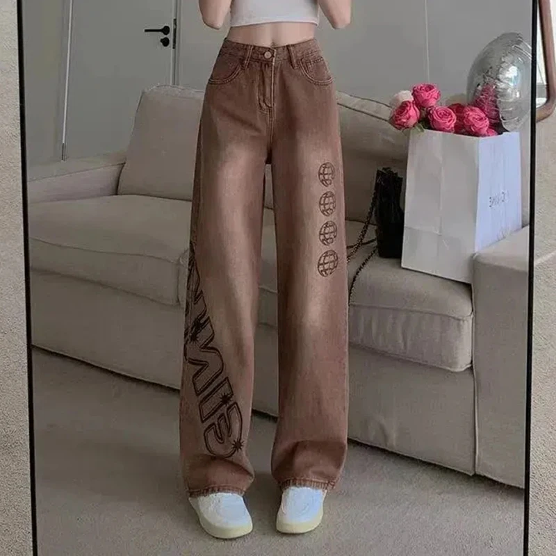 

Retro American Streetwear Letter Print Jeans Women 2023 Summer Harajuku High Waist Denim Pants Woman Casual Loose Wide Leg Pants
