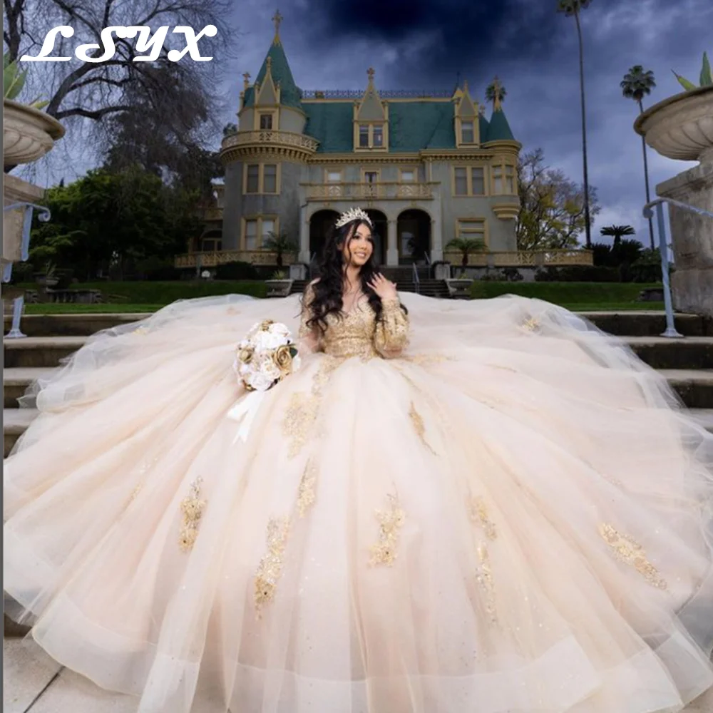 

LSYX V-Neck Pageant Quinceanera Dresses 2023 Luxury Appliques Flowers Long Sleeves Sequined Princess Party Sweet 15 Ball Gown