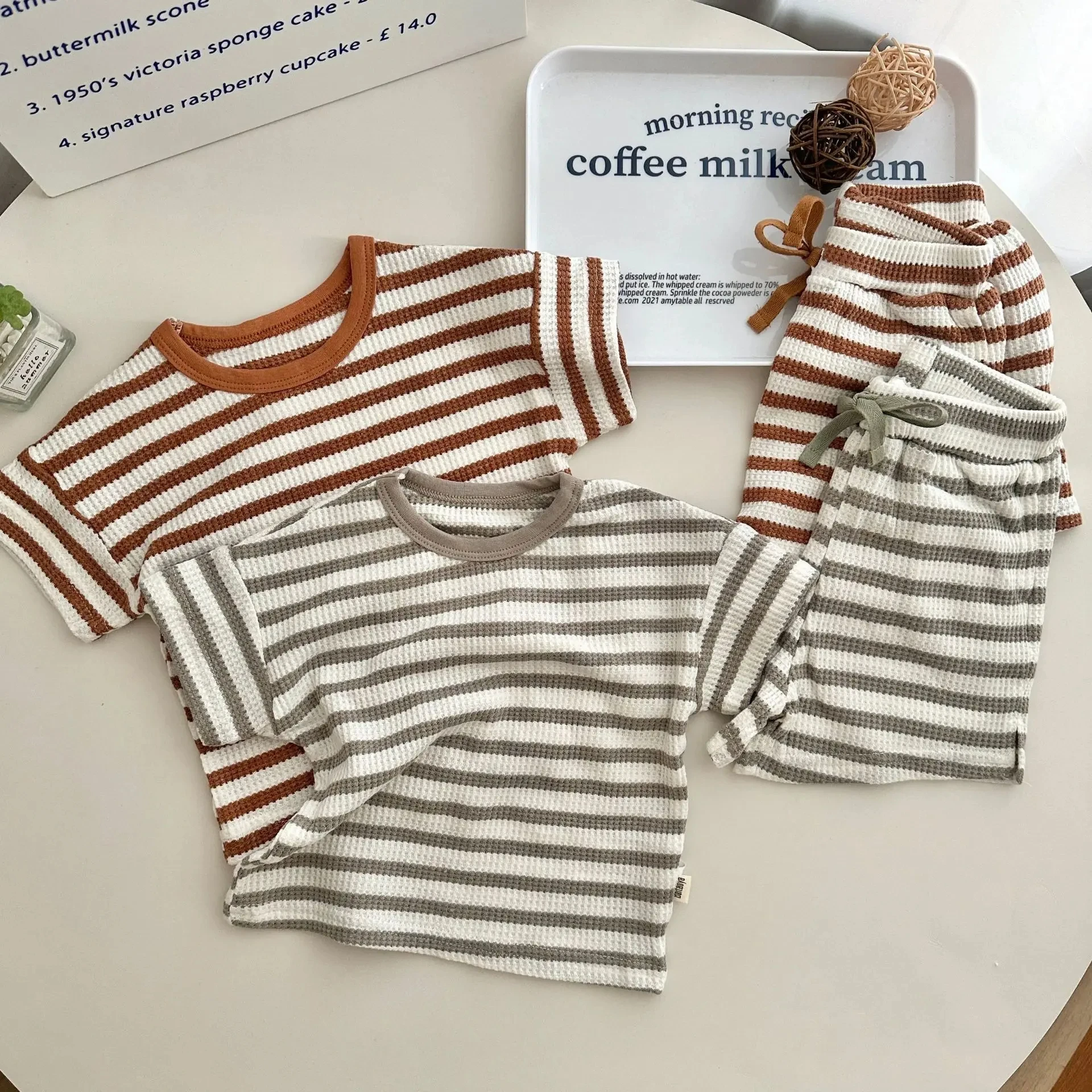

Infant and Toddler Casual Sets 2024 Summer Boys Girls Waffle Round Neck Striped Short Sleeve Top Drawstring Shorts Two Piece Set