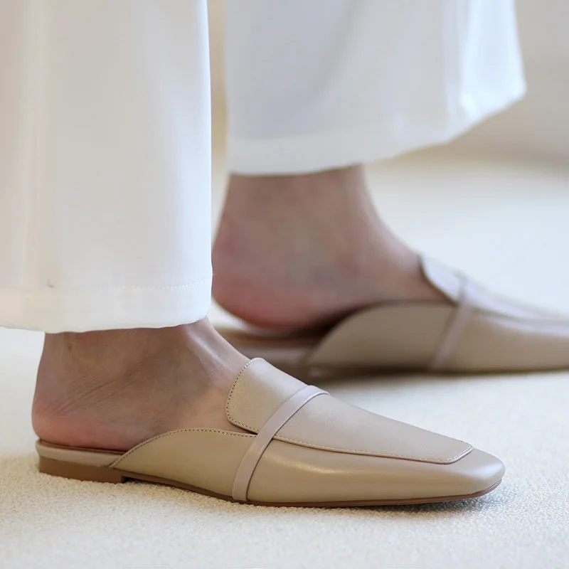 

Women Slippers Cowhide Square Toe Mules Flats Korea Style Women Low Heel Slip On Spring Autumn Mules Woman Simple Shoes 2022
