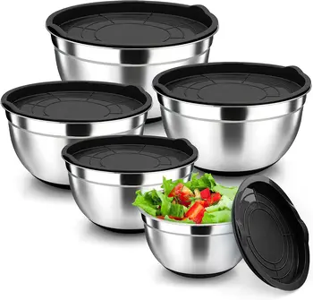 Set di 5 ciotole per mescolare, ciotole per impilare in acciaio inossidabile per cuocere al forno, servire, coperchi ermetici, resistenti e lavabili in lavastoviglie 1