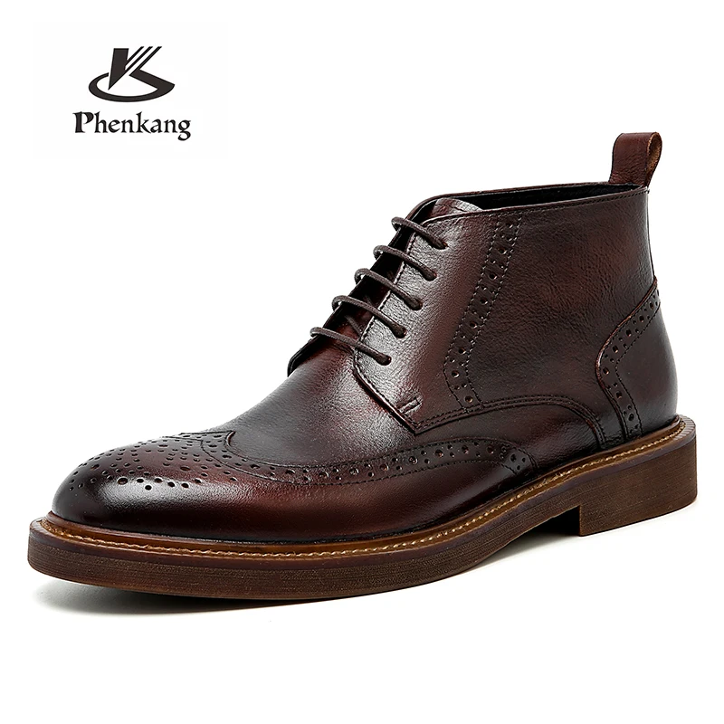 Phenkang Men's Winter Chelsea Boots Genuine Leather Black Ankle Waterproof Casual Working Flat Shoes for Men Dress Spring