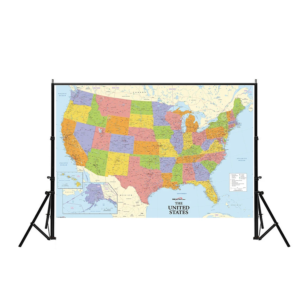 Map of The United States with Details Non-woven Canvas Painting Wall Art Poster 150*100cm School Supplies Home Decoration