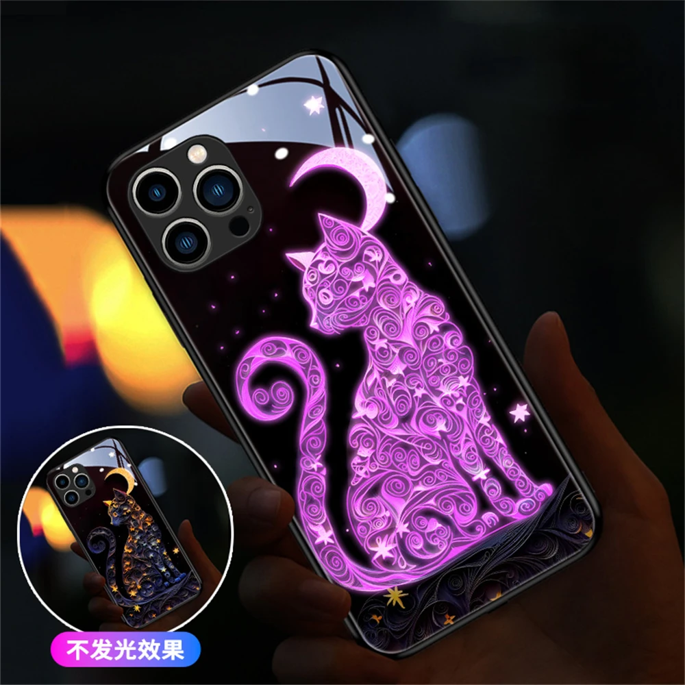 

So Cute Cat Luminous Glass LED Call Light Up Flash Phone Case Cover For Samsung S24 S23 S22 S21 S20 FE Note 10 20 Plus Ultra A54