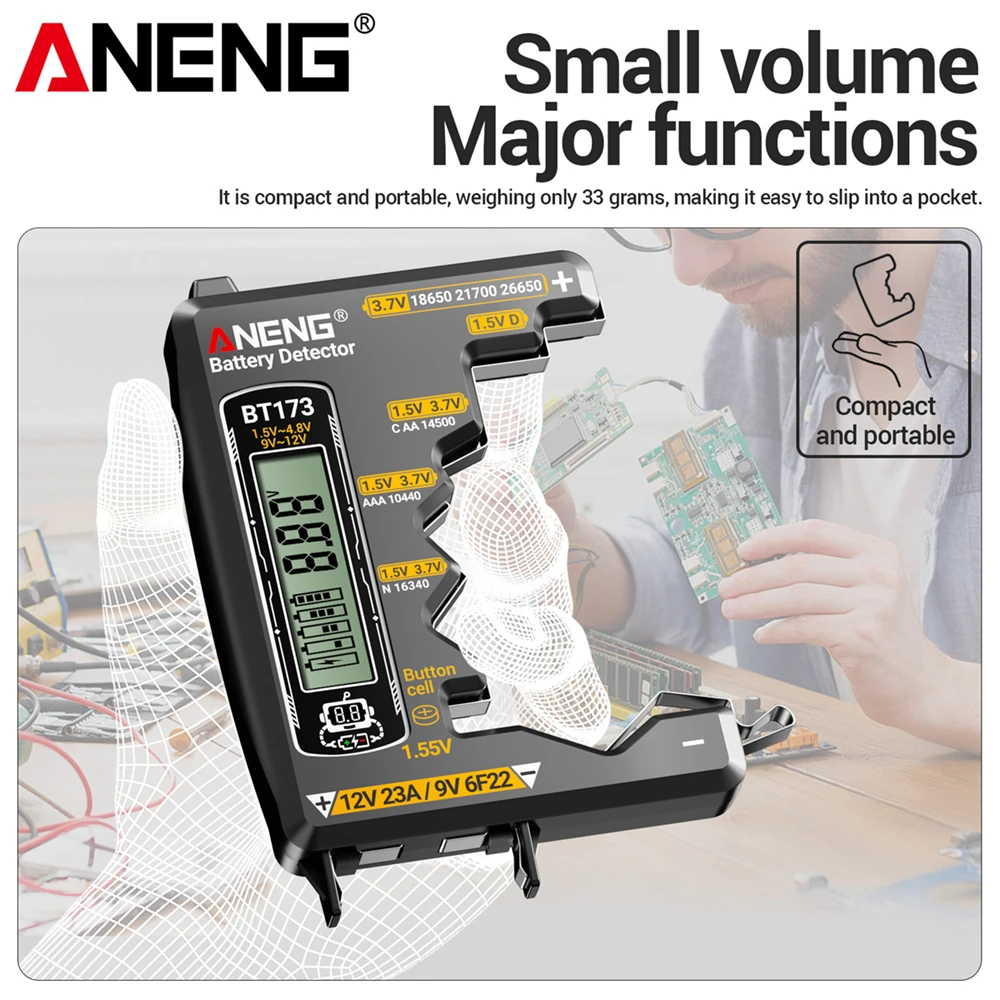 Testeur ANENG BT173 entouré de piles variées (18650, 21700, 12V, 23A), prêt pour la détection rapide et précise.