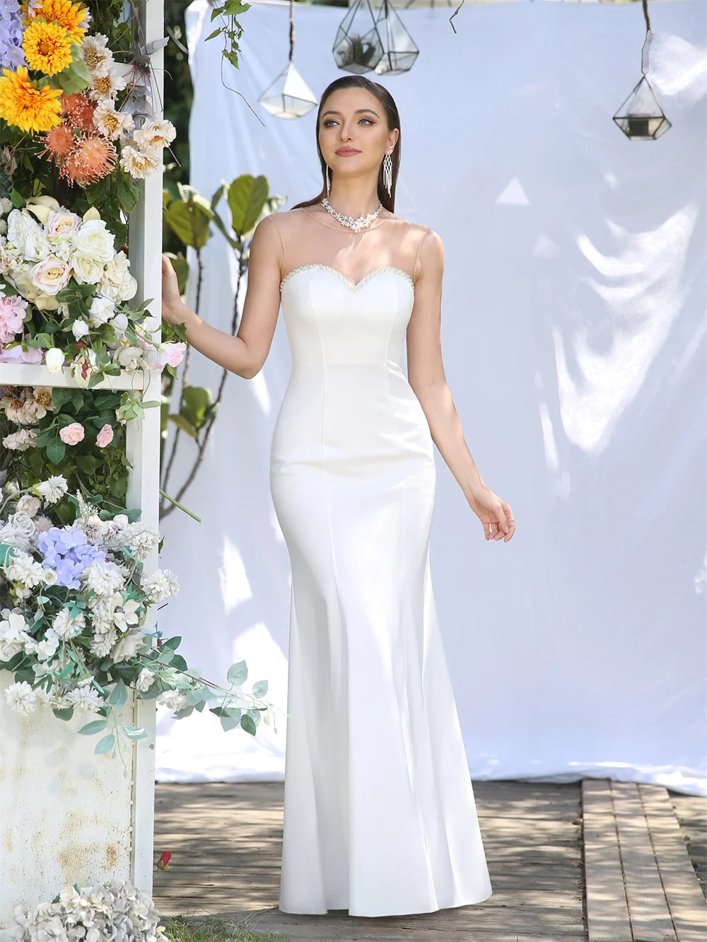 MisShow Solid Ivory Mermaid Summer Long Dresses for Women Sexy Illusion Pearls Beads Sweetheart Neckline Maxi Evening Prom Dress