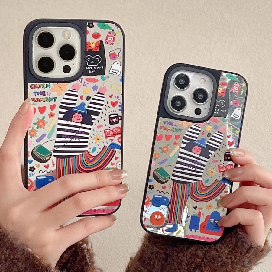 

Mirror Surface Illustration Happy Girl Phone Case Cover for IPhone 11 12 13 14 15 Pro Max Case for IPhone 15 Pro Max