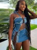 Skirt and Top Set Woman Summer 2 Piece Outfit Hollow Out Strapless Strap with Short Mini Skirt Night Club Wear Blue Denim Set