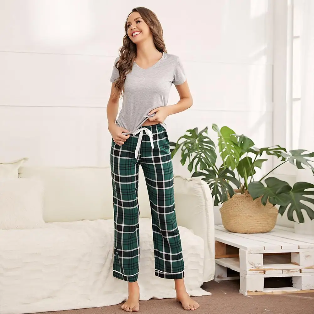 Plaid Crop Pajama Sets Cropped Short Women Mujer Conjuntos Pijamas Conjunto Pyjama Pijama Femme Ensembles outfit Lounge
