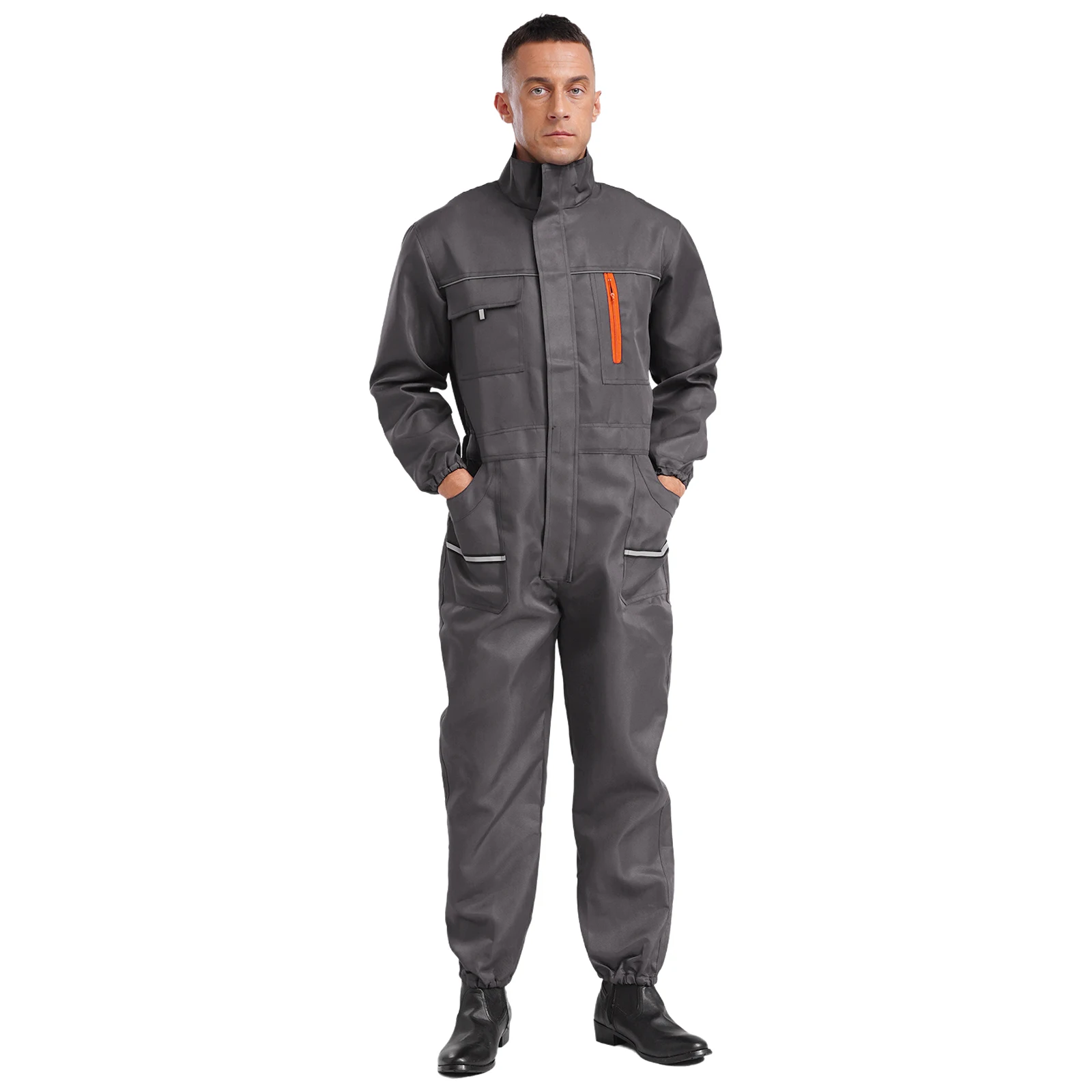 thumbnail image 1 of Monos de rayas reflectantes para hombre, monos con cremallera, monos de reparación de vehículos, ropa de trabajo de ingeniería de taller de fábrica con bolsillo, 1 of 5