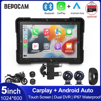 BEPOCAM 5 pollici Moto Navigazione GPS Wireless Carplay Android Auto Dual DVR Drive Registratore Moto Monitor WIFI IPX7 Impermeabile