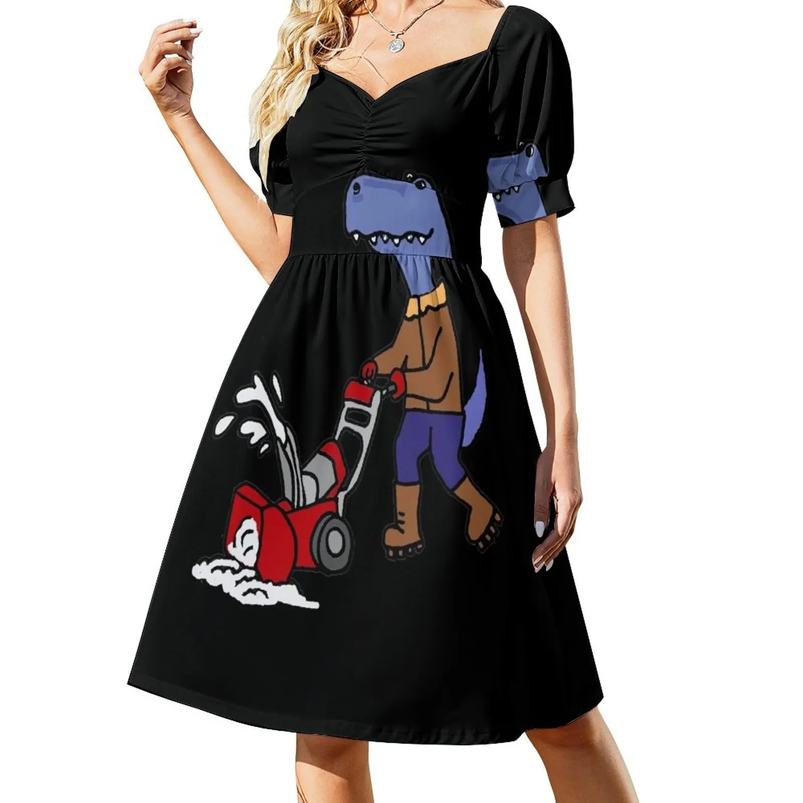thumbnail image 1 of Vestido de manga corta con divertido dinosaurio T-rex usando quitanieves, ropa de mujer, cóctel de vestidos, vestidos de verano de mujer ., 1 of 7