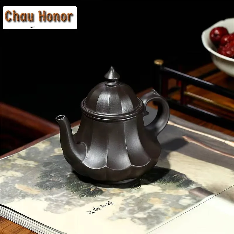 190ml Yixing Purple Clay Pot Famous Hand-made Ribbed Palace Lantern Teapot Raw Ore Black Mud Household Tea Set Customized Gifts