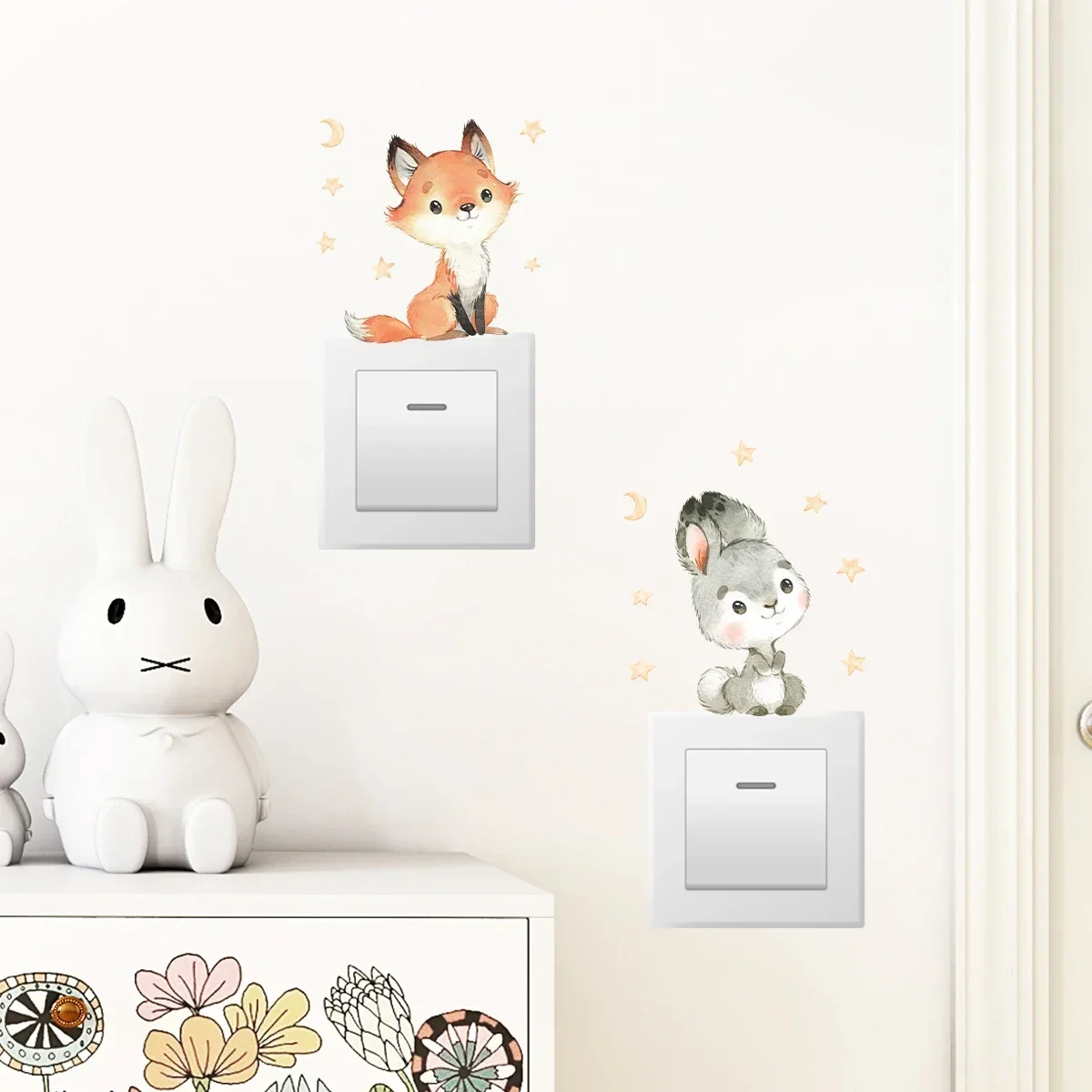 Cartoon Fox Squirrel Rabbit Animal Switch Wall Stickers 6pcs for Kids Room Bedroom Nursery Home Decoartion Wall Decals