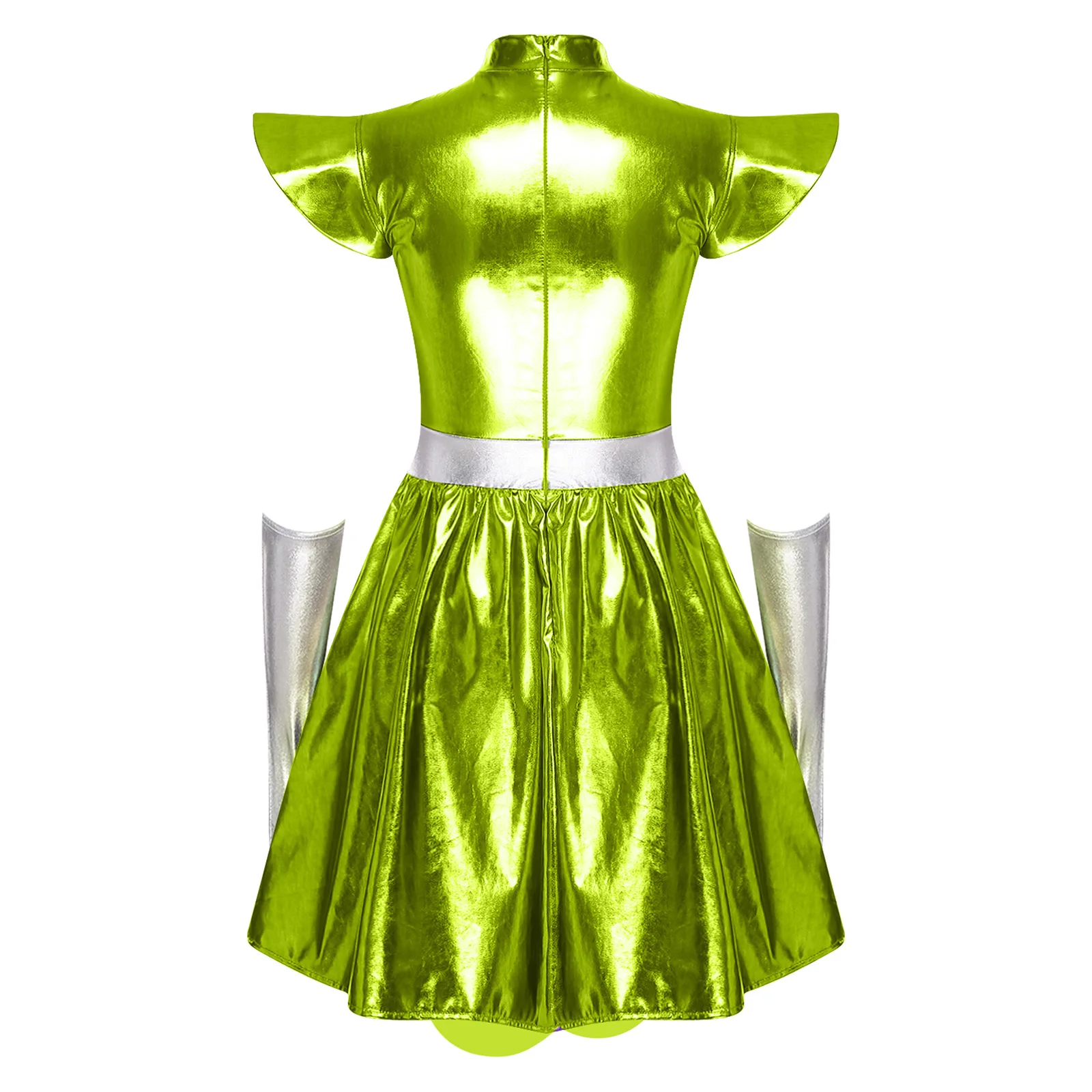 Women's Metallic Astronaut Cosplay Dress with Gloves and Structured Shoulders