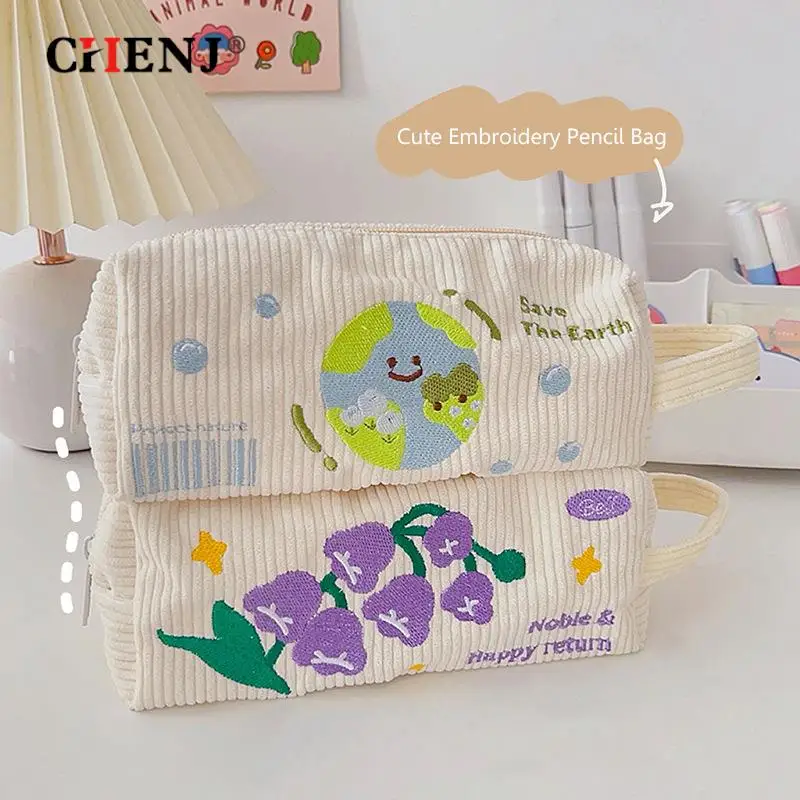 

Pencil Case Embroidery Cosmetic Bags Cute Women Large Capacity Zipper Makeup Brushes Case Bags Stationery Pen Storage Case