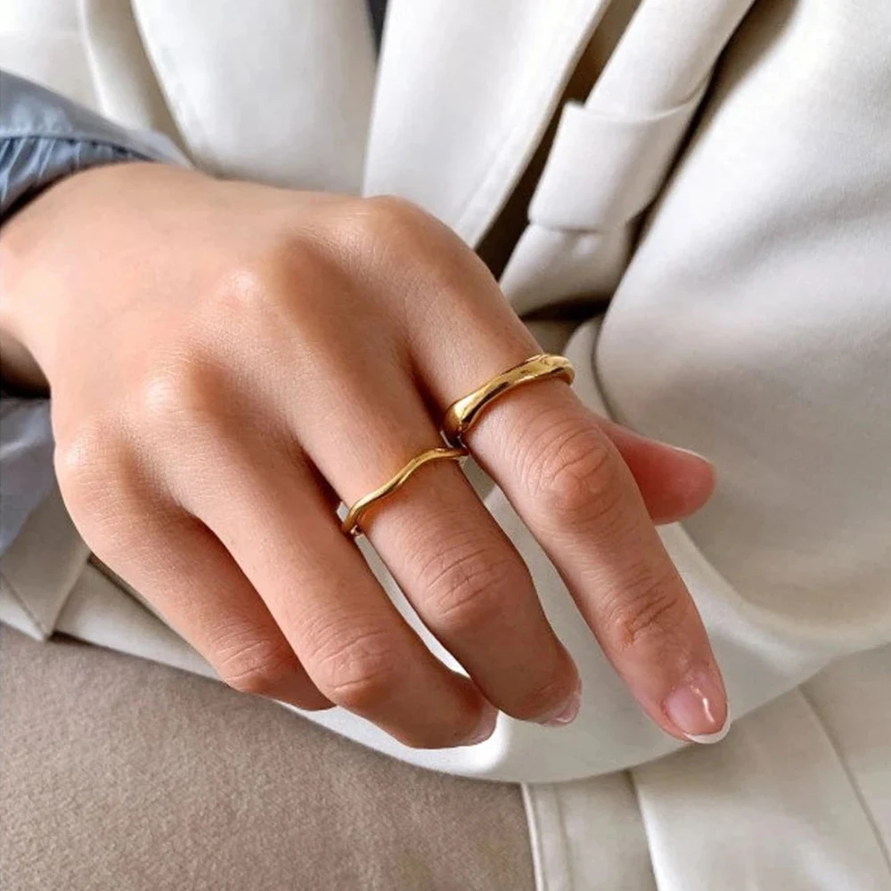 eManco Irregular Wave Rings Stainless Steel Trendy Simple Gold Color / Silver Color Geometric Jewelry for Women Couple
