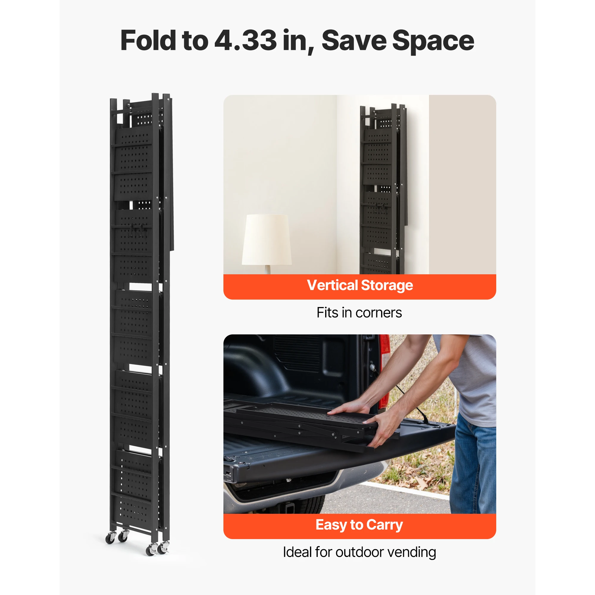 Black Metal Foldable Storage Shelf with Wheels for Garage and Kitchen