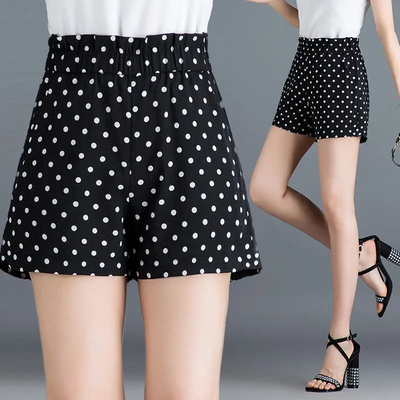 Black Chiffon Polka Dot Shorts for Women's Summer New High Waist Oversized Loose Wide Leg Casual Pants Casual Fashion Clothing