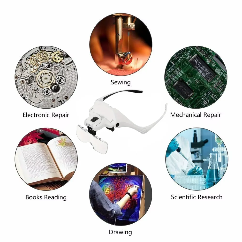 Magnifying Glass LED Light Head Loupe Jeweler Watch Bright Magnifier 5 Lens