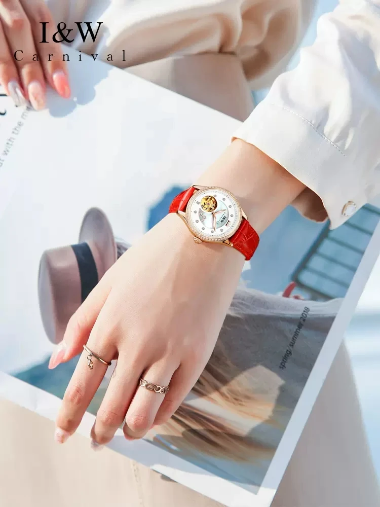 CARNIVAL Brand IW High-End Series MIYOTA Mechanical Watch for Women Leather Skeleton Sapphire Ladies Wriswatch Gift For Female
