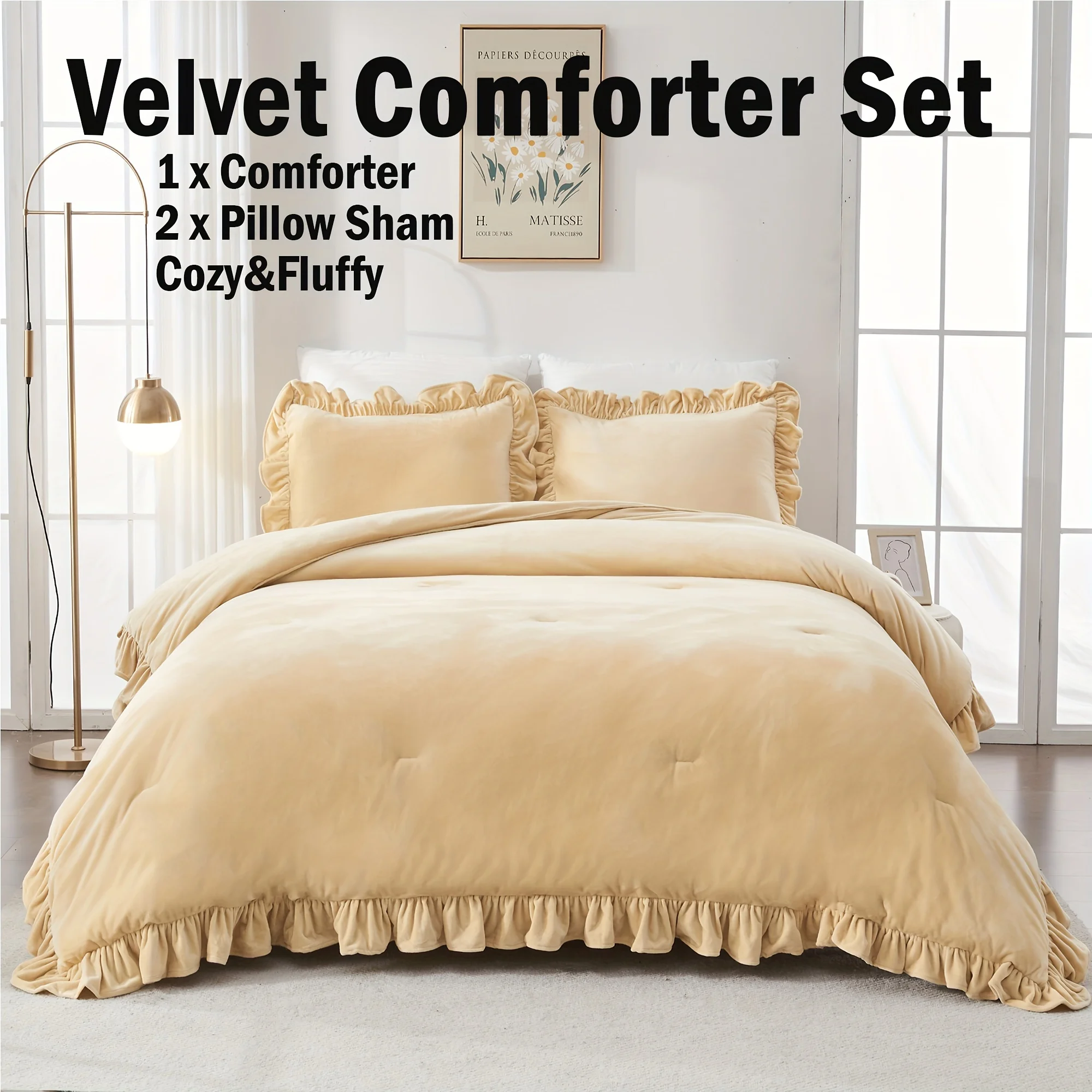 

3pcs Velvet Ruffle Comforter Set, Farmhouse Bedding Fluffy Soft Lightweight Comforter, Include 1 Comforter And 2 Pillowcases, Wi