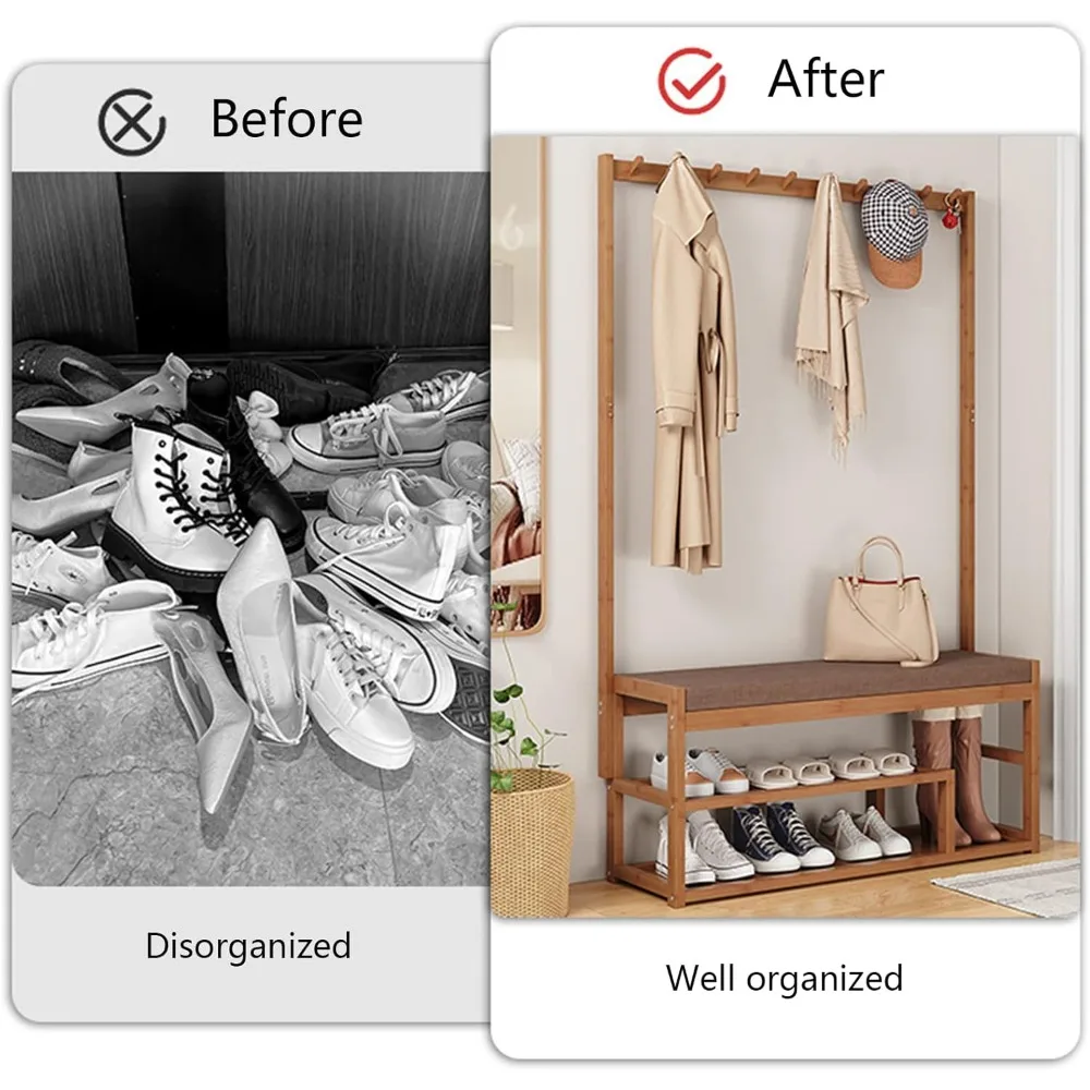 clothes stand with shoe rack bench, 3 in 1 cloth hanger stand bamboo clothes rack, free standing coat rack with shoe storage ben